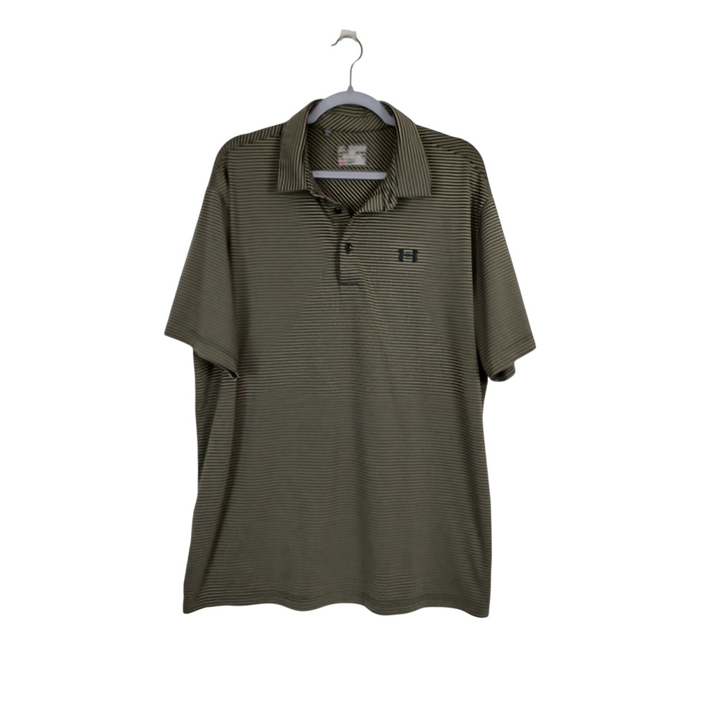Under Armour HeatGear Mens 2XL Loose Fit Striped Polo Shirt Olive Green Black